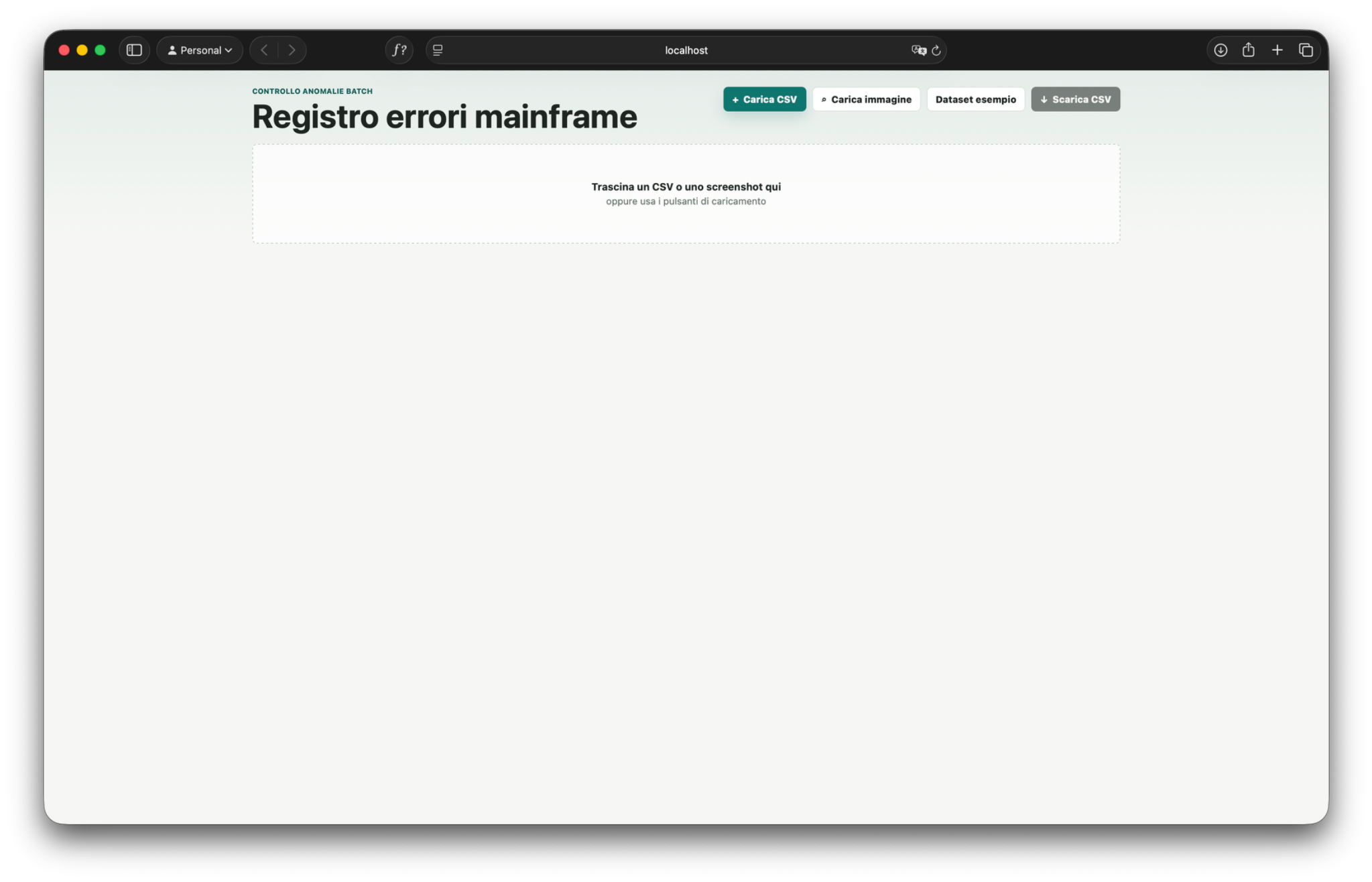 Screenshot della schermata iniziale della webapp