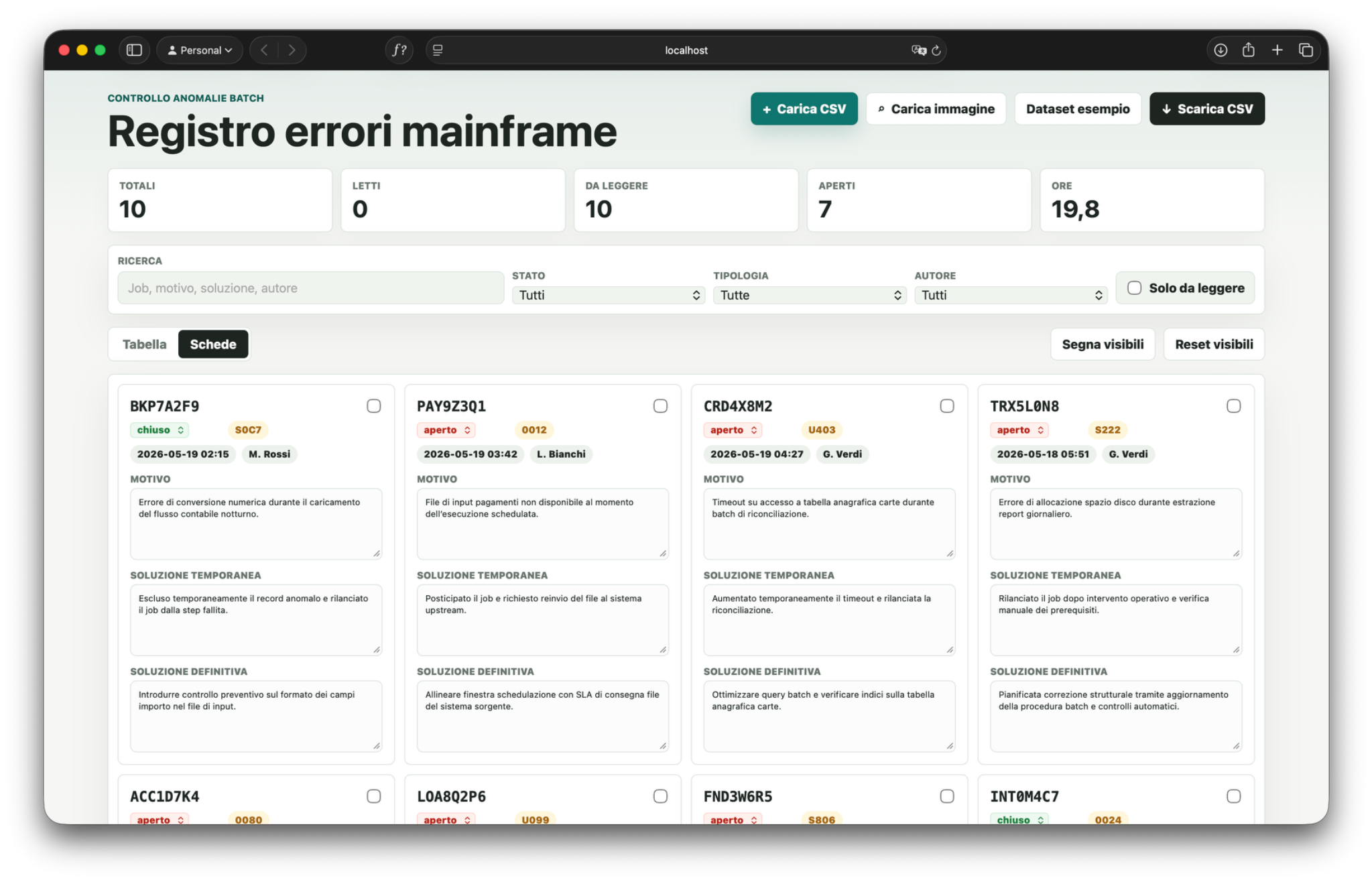 Screenshot della vista schede della webapp